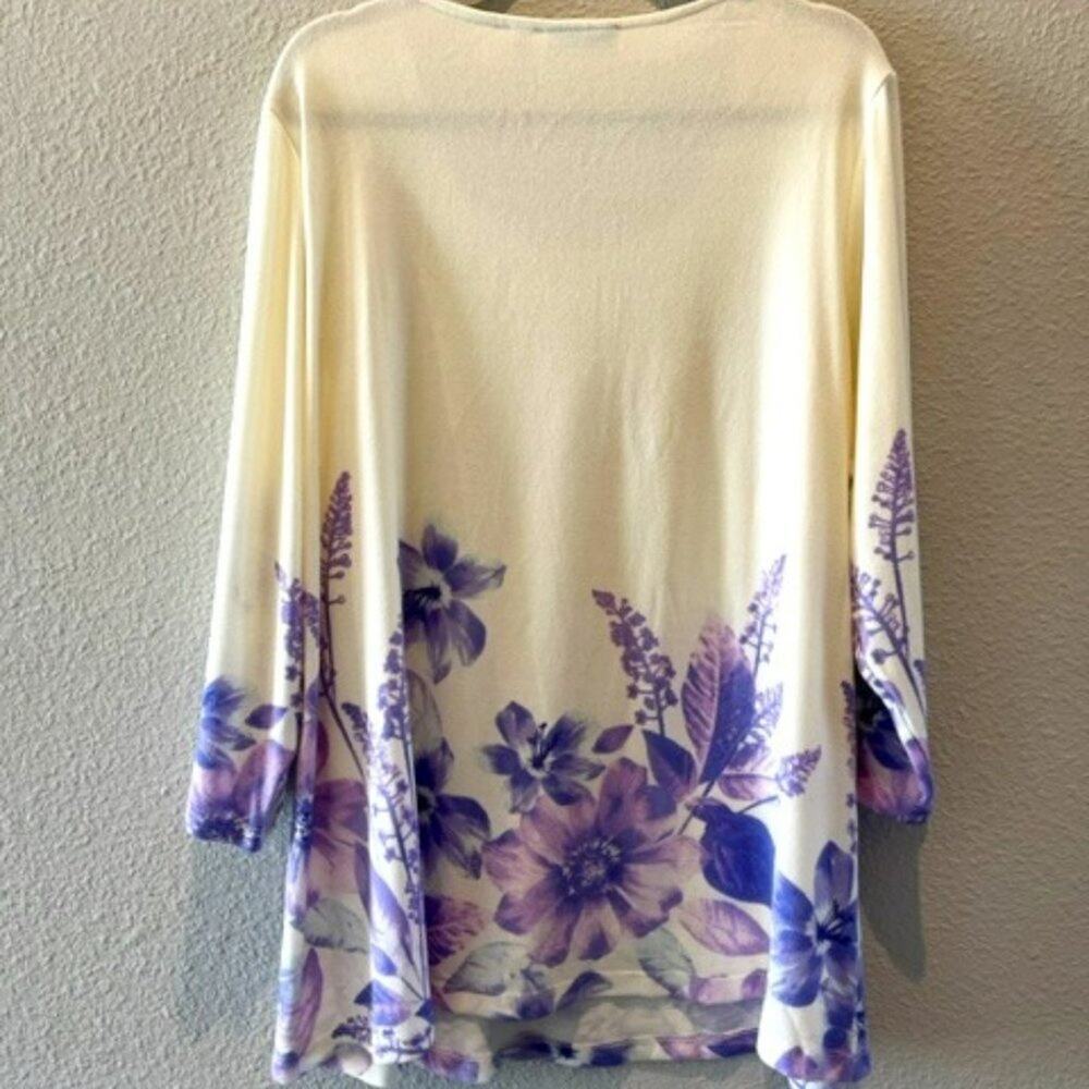 Susan Graver XL Purple Floral Sweater Knit Tunic Cream 3/4 Sleeve Soft Top - Picture 5 of 6